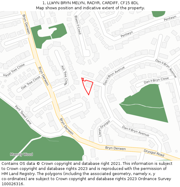 1, LLWYN BRYN MELYN, RADYR, CARDIFF, CF15 8DL: Location map and indicative extent of plot