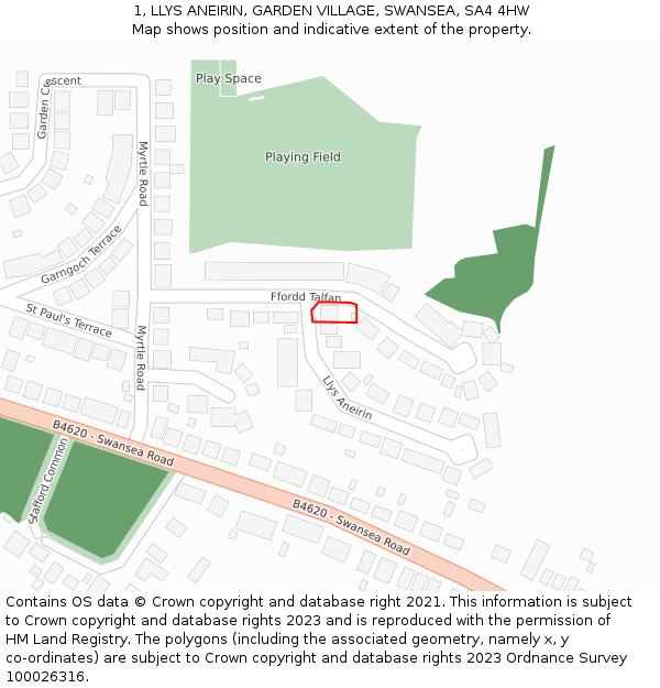 1, LLYS ANEIRIN, GARDEN VILLAGE, SWANSEA, SA4 4HW: Location map and indicative extent of plot