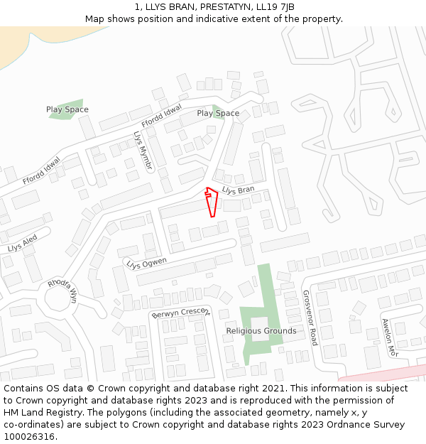 1, LLYS BRAN, PRESTATYN, LL19 7JB: Location map and indicative extent of plot