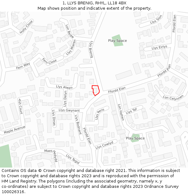 1, LLYS BRENIG, RHYL, LL18 4BX: Location map and indicative extent of plot