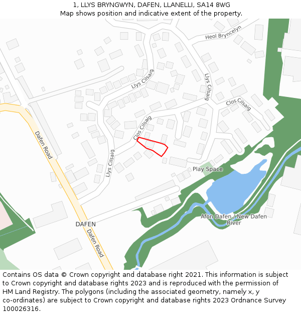 1, LLYS BRYNGWYN, DAFEN, LLANELLI, SA14 8WG: Location map and indicative extent of plot