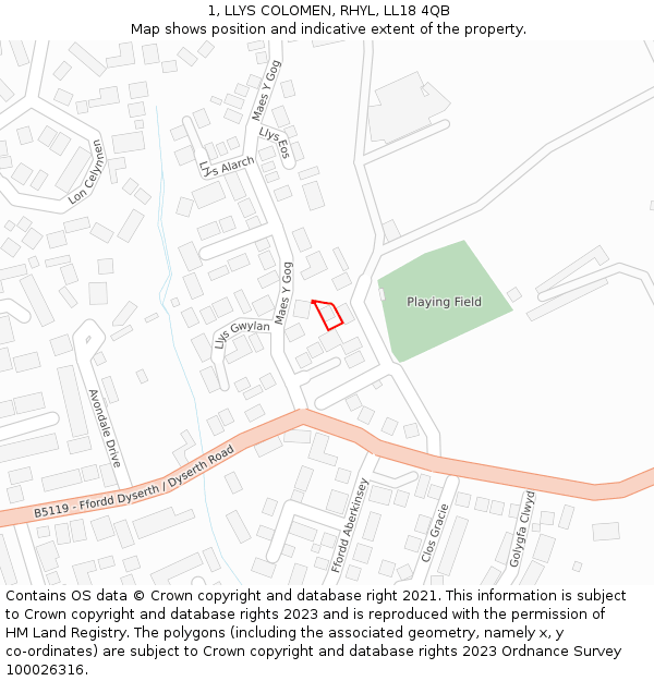 1, LLYS COLOMEN, RHYL, LL18 4QB: Location map and indicative extent of plot