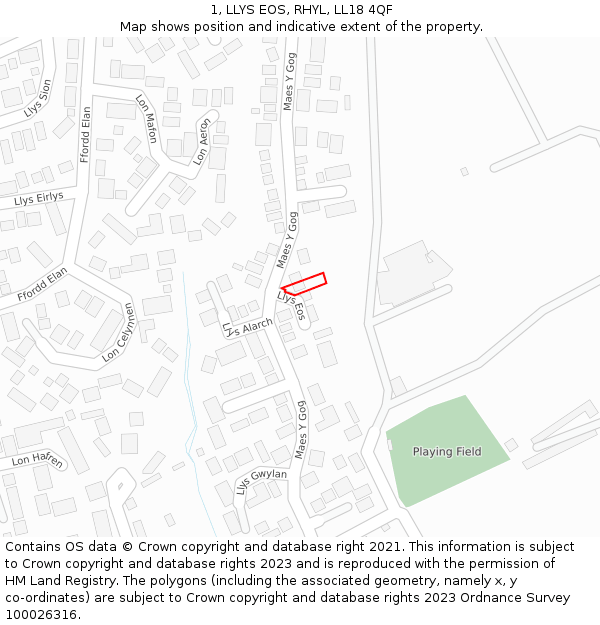 1, LLYS EOS, RHYL, LL18 4QF: Location map and indicative extent of plot