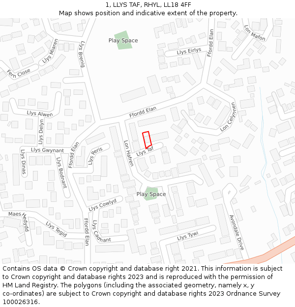 1, LLYS TAF, RHYL, LL18 4FF: Location map and indicative extent of plot