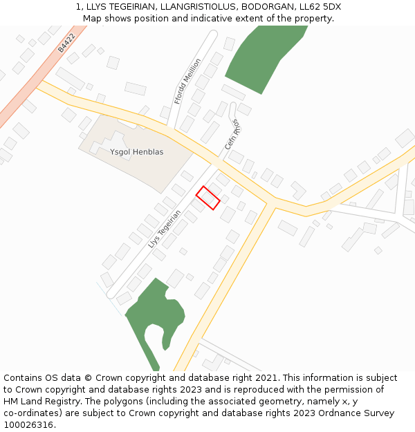 1, LLYS TEGEIRIAN, LLANGRISTIOLUS, BODORGAN, LL62 5DX: Location map and indicative extent of plot