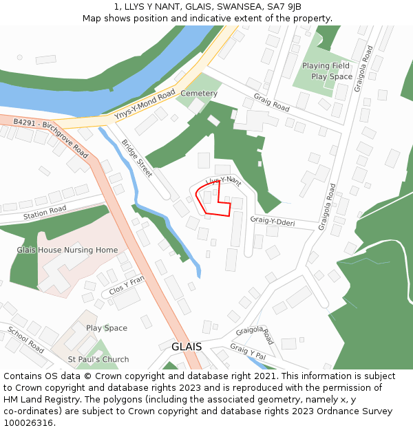 1, LLYS Y NANT, GLAIS, SWANSEA, SA7 9JB: Location map and indicative extent of plot