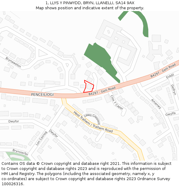 1, LLYS Y PINWYDD, BRYN, LLANELLI, SA14 9AX: Location map and indicative extent of plot