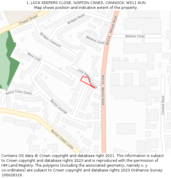 1, LOCK KEEPERS CLOSE, NORTON CANES, CANNOCK, WS11 9UN: Location map and indicative extent of plot