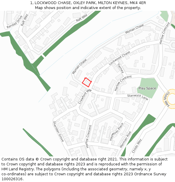 1, LOCKWOOD CHASE, OXLEY PARK, MILTON KEYNES, MK4 4ER: Location map and indicative extent of plot