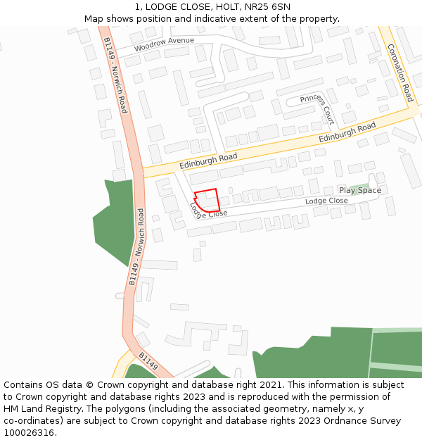 1, LODGE CLOSE, HOLT, NR25 6SN: Location map and indicative extent of plot