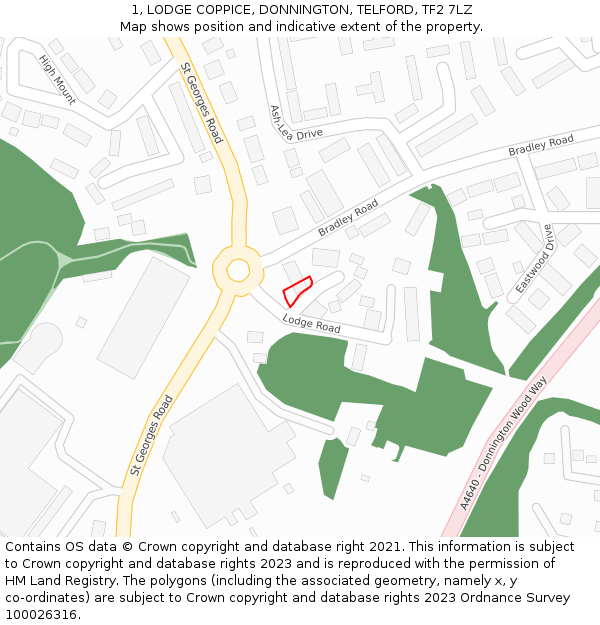 1, LODGE COPPICE, DONNINGTON, TELFORD, TF2 7LZ: Location map and indicative extent of plot