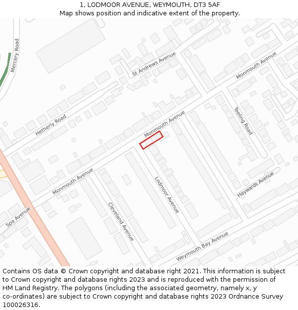 1, LODMOOR AVENUE, WEYMOUTH, DT3 5AF: Location map and indicative extent of plot