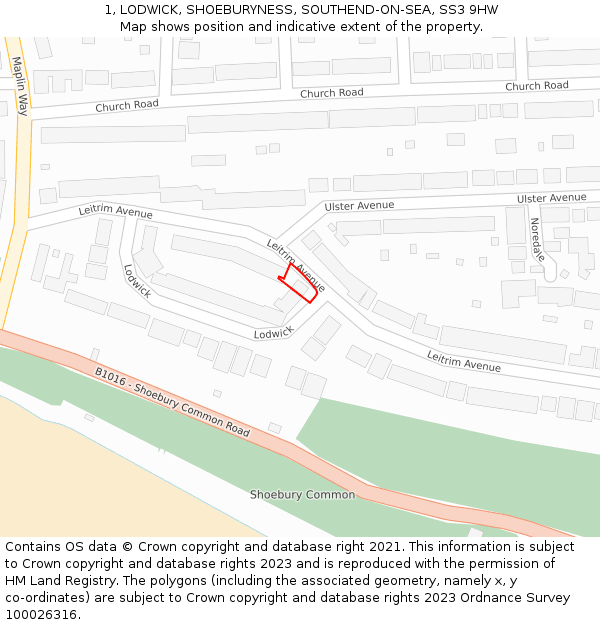 1, LODWICK, SHOEBURYNESS, SOUTHEND-ON-SEA, SS3 9HW: Location map and indicative extent of plot