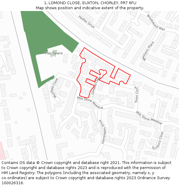 1, LOMOND CLOSE, EUXTON, CHORLEY, PR7 6FU: Location map and indicative extent of plot