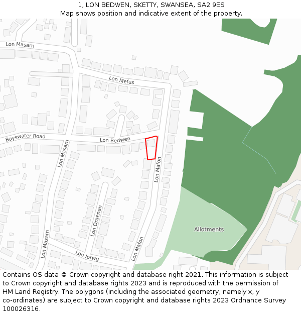 1, LON BEDWEN, SKETTY, SWANSEA, SA2 9ES: Location map and indicative extent of plot