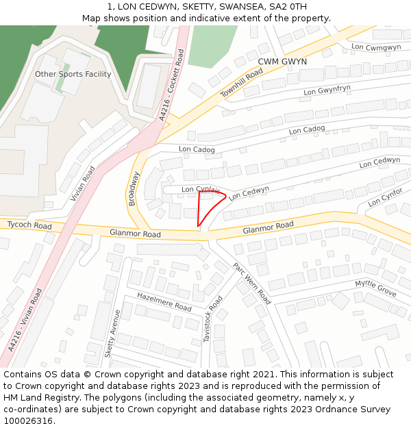 1, LON CEDWYN, SKETTY, SWANSEA, SA2 0TH: Location map and indicative extent of plot