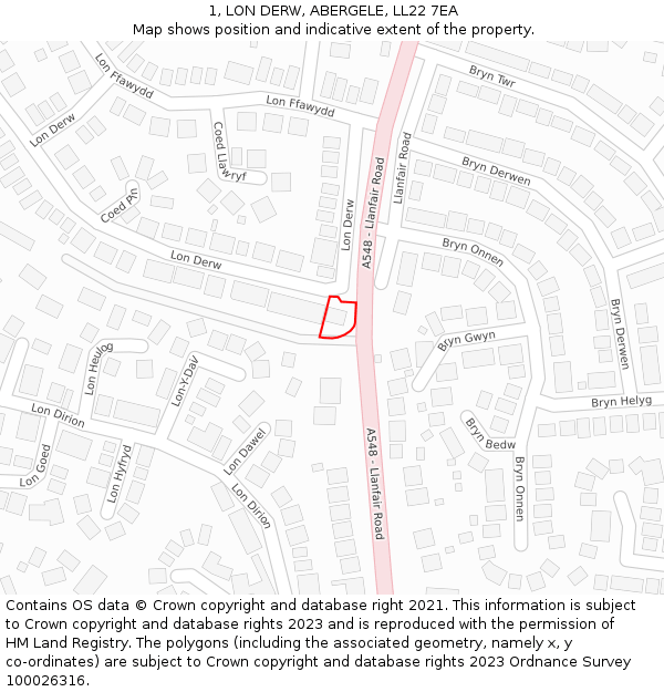 1, LON DERW, ABERGELE, LL22 7EA: Location map and indicative extent of plot