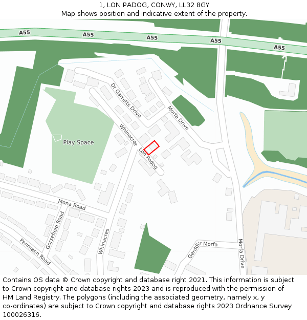 1, LON PADOG, CONWY, LL32 8GY: Location map and indicative extent of plot