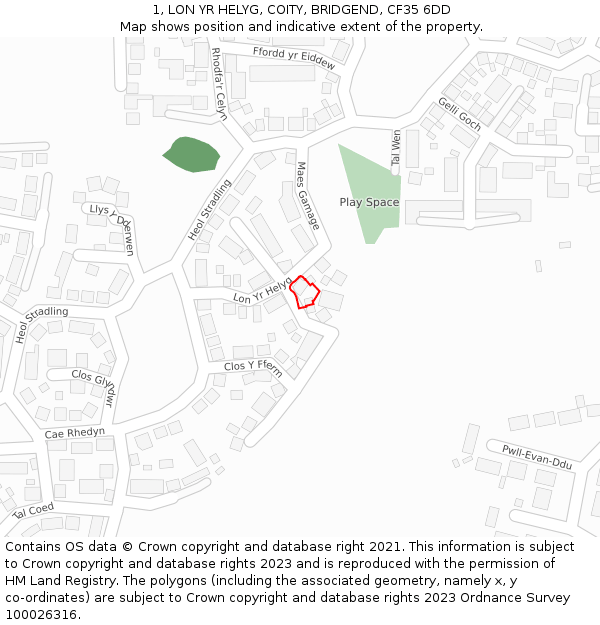 1, LON YR HELYG, COITY, BRIDGEND, CF35 6DD: Location map and indicative extent of plot