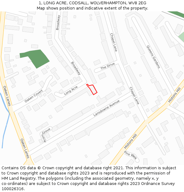 1, LONG ACRE, CODSALL, WOLVERHAMPTON, WV8 2EG: Location map and indicative extent of plot