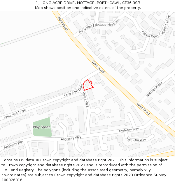 1, LONG ACRE DRIVE, NOTTAGE, PORTHCAWL, CF36 3SB: Location map and indicative extent of plot