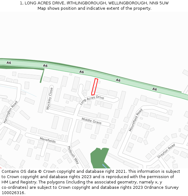 1, LONG ACRES DRIVE, IRTHLINGBOROUGH, WELLINGBOROUGH, NN9 5UW: Location map and indicative extent of plot