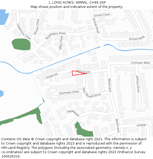 1, LONG ACRES, WIRRAL, CH49 2SP: Location map and indicative extent of plot