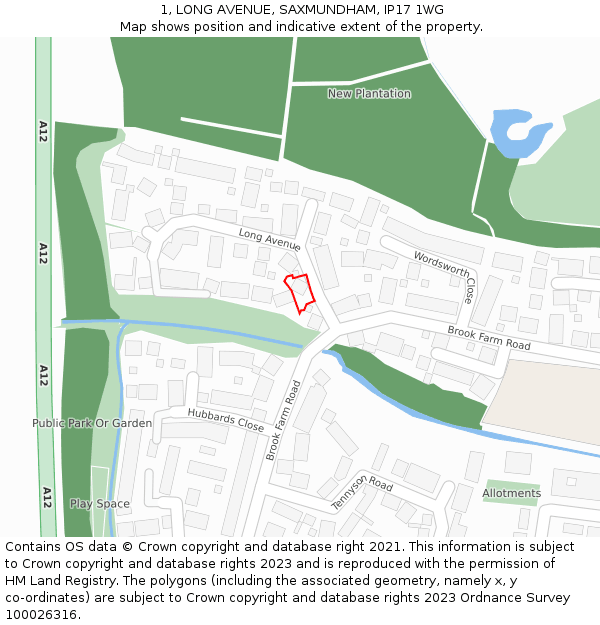 1, LONG AVENUE, SAXMUNDHAM, IP17 1WG: Location map and indicative extent of plot