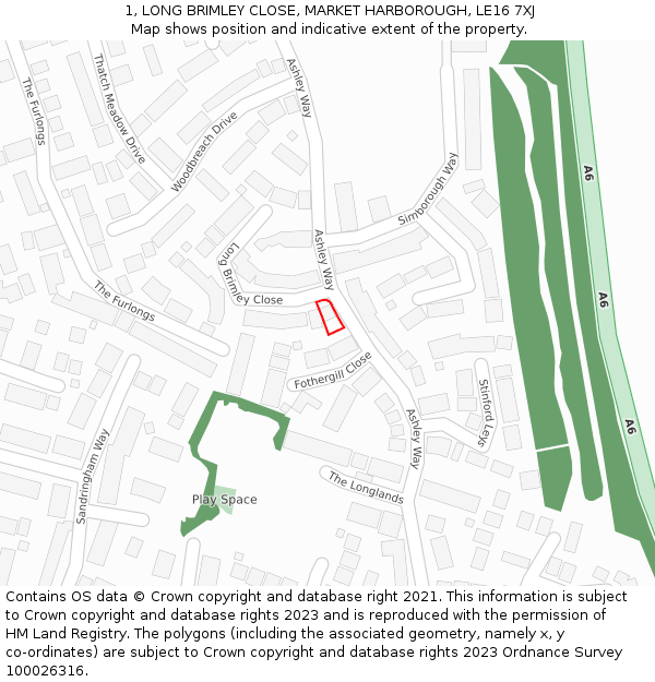 1, LONG BRIMLEY CLOSE, MARKET HARBOROUGH, LE16 7XJ: Location map and indicative extent of plot