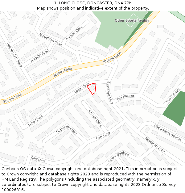 1, LONG CLOSE, DONCASTER, DN4 7PN: Location map and indicative extent of plot