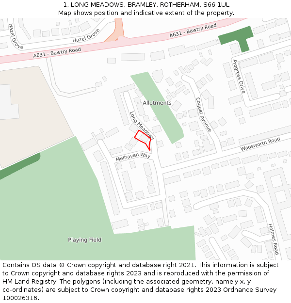 1, LONG MEADOWS, BRAMLEY, ROTHERHAM, S66 1UL: Location map and indicative extent of plot