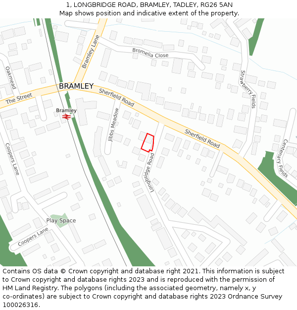 1, LONGBRIDGE ROAD, BRAMLEY, TADLEY, RG26 5AN: Location map and indicative extent of plot