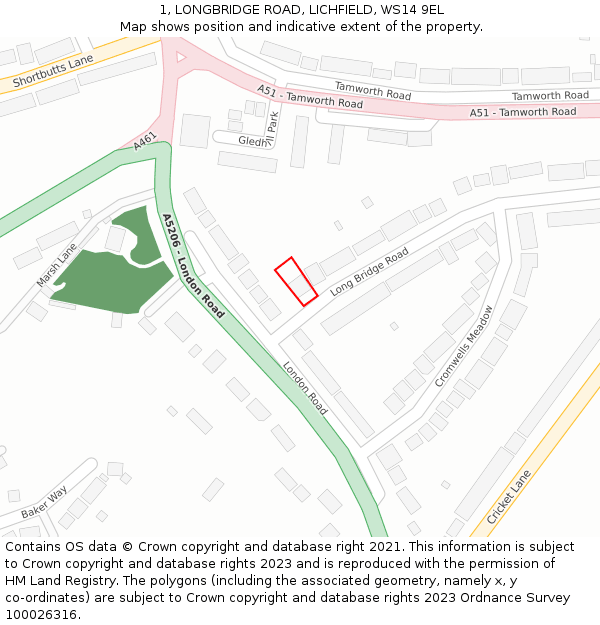 1, LONGBRIDGE ROAD, LICHFIELD, WS14 9EL: Location map and indicative extent of plot