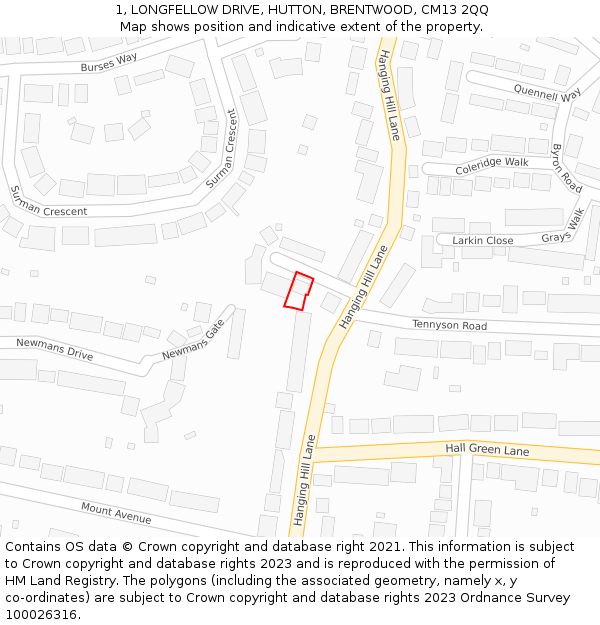 1, LONGFELLOW DRIVE, HUTTON, BRENTWOOD, CM13 2QQ: Location map and indicative extent of plot