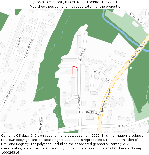 1, LONGHAM CLOSE, BRAMHALL, STOCKPORT, SK7 3NL: Location map and indicative extent of plot