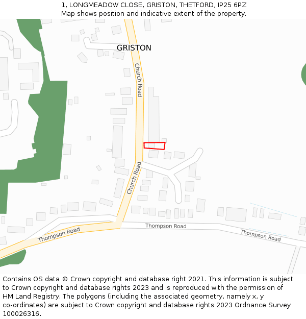 1, LONGMEADOW CLOSE, GRISTON, THETFORD, IP25 6PZ: Location map and indicative extent of plot