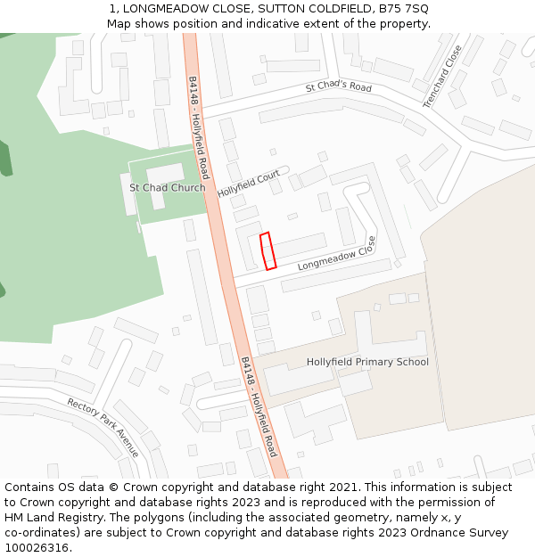 1, LONGMEADOW CLOSE, SUTTON COLDFIELD, B75 7SQ: Location map and indicative extent of plot