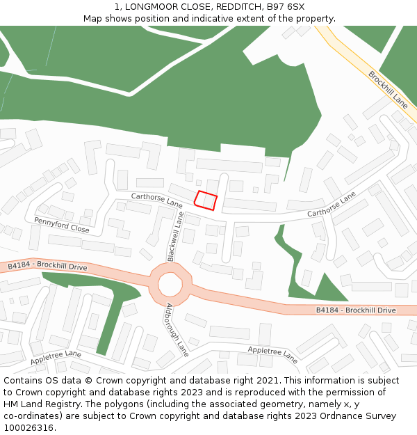 1, LONGMOOR CLOSE, REDDITCH, B97 6SX: Location map and indicative extent of plot