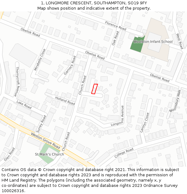 1, LONGMORE CRESCENT, SOUTHAMPTON, SO19 9FY: Location map and indicative extent of plot