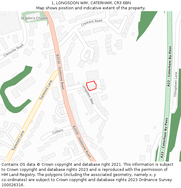 1, LONGSDON WAY, CATERHAM, CR3 6BN: Location map and indicative extent of plot