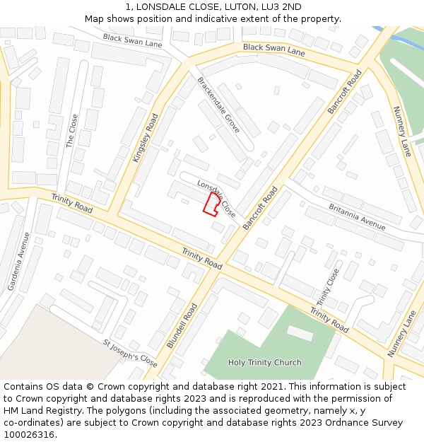 1, LONSDALE CLOSE, LUTON, LU3 2ND: Location map and indicative extent of plot