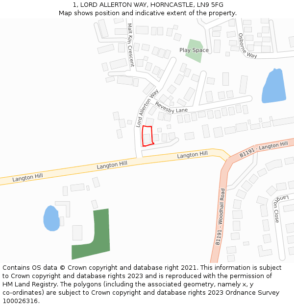 1, LORD ALLERTON WAY, HORNCASTLE, LN9 5FG: Location map and indicative extent of plot