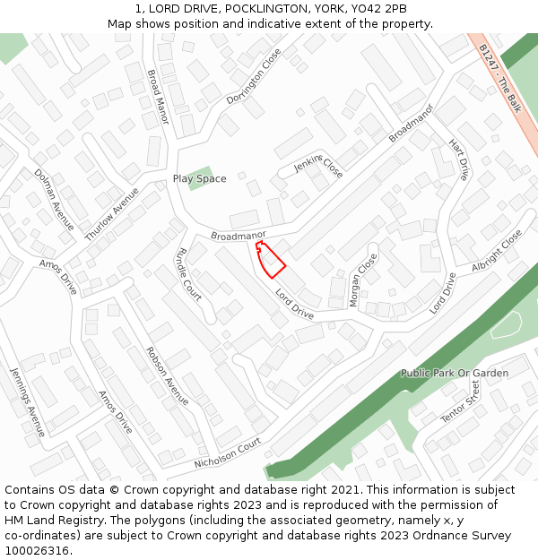 1, LORD DRIVE, POCKLINGTON, YORK, YO42 2PB: Location map and indicative extent of plot