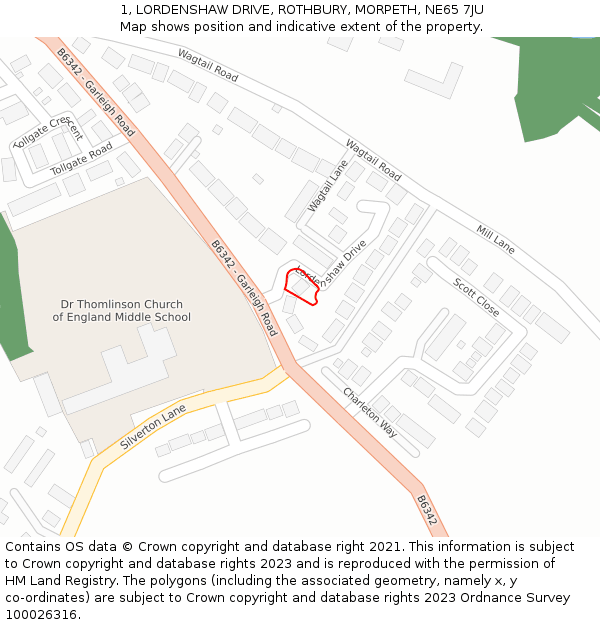 1, LORDENSHAW DRIVE, ROTHBURY, MORPETH, NE65 7JU: Location map and indicative extent of plot