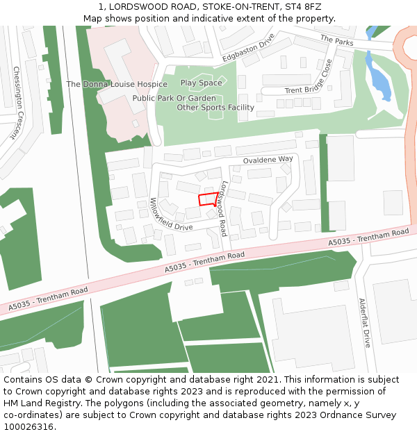 1, LORDSWOOD ROAD, STOKE-ON-TRENT, ST4 8FZ: Location map and indicative extent of plot