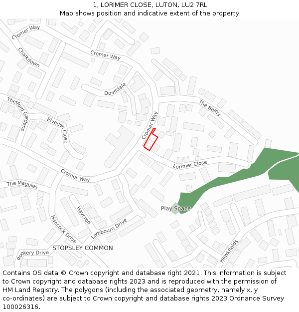 1, LORIMER CLOSE, LUTON, LU2 7RL: Location map and indicative extent of plot
