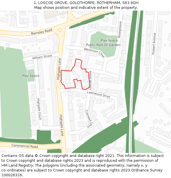 1, LOSCOE GROVE, GOLDTHORPE, ROTHERHAM, S63 9GH: Location map and indicative extent of plot