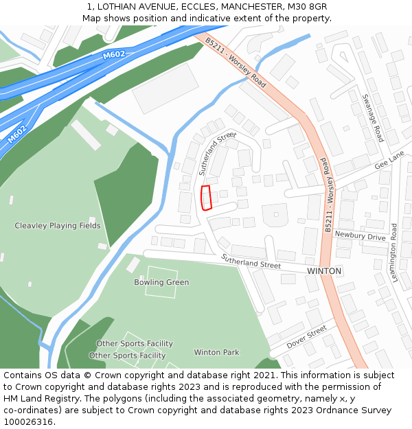 1, LOTHIAN AVENUE, ECCLES, MANCHESTER, M30 8GR: Location map and indicative extent of plot