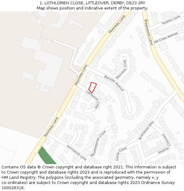 1, LOTHLORIEN CLOSE, LITTLEOVER, DERBY, DE23 2RY: Location map and indicative extent of plot