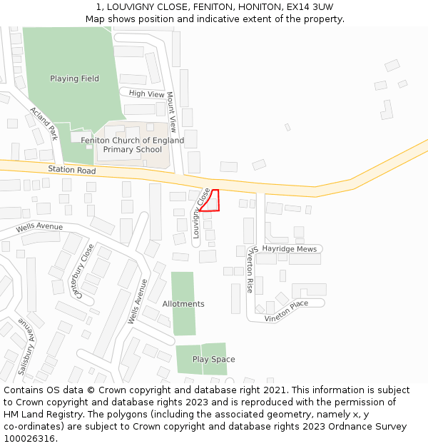 1, LOUVIGNY CLOSE, FENITON, HONITON, EX14 3UW: Location map and indicative extent of plot